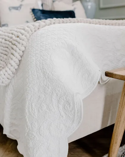 Hetty White Quilted Cotton Bedspread with Scallop Edge detail - Superking