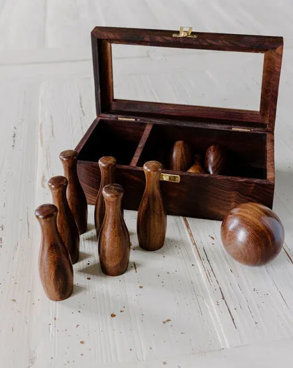 Rosewood and Brass Skittle Set