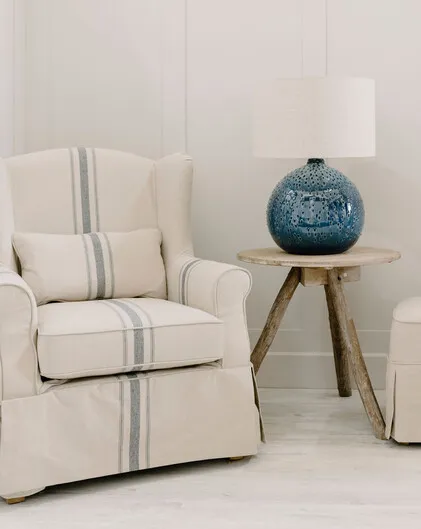 Provencal French Striped Linen Chair and Footstool