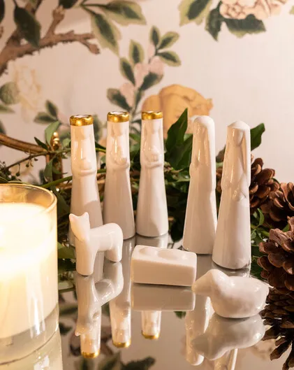 Nativity Characters in White and Gold Ceramic